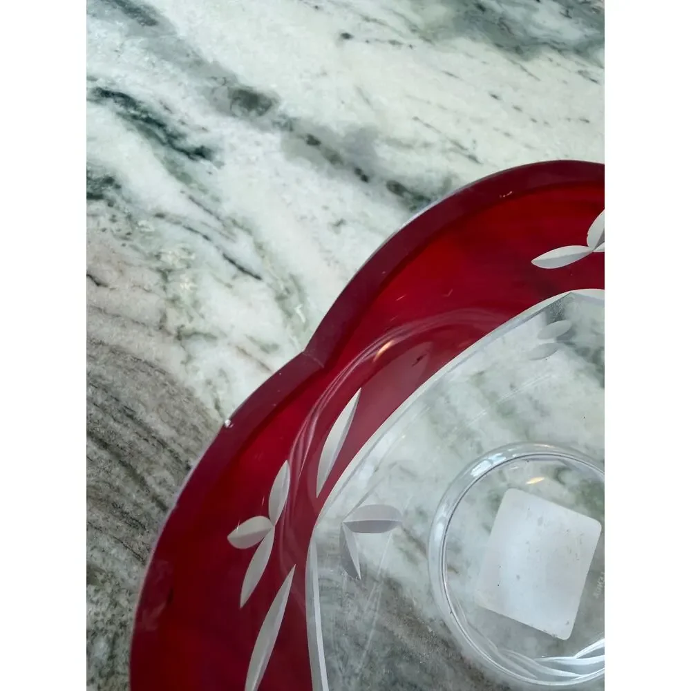 Lenox Ruby Red Hand Painted Crystal Glass Bowl Scalloped Edge Made in Romania